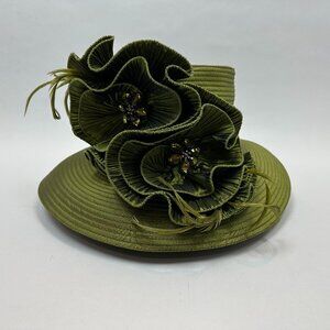 Whittail & Shon Feather & Jewel Hat – Olive – Kentucky Derby Showstopper Unique